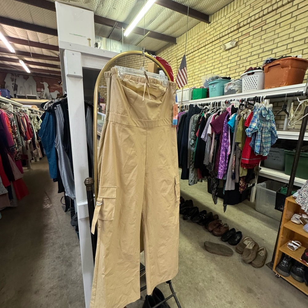 Almost Famous Beige Wide-Leg Cargo Jumpsuit